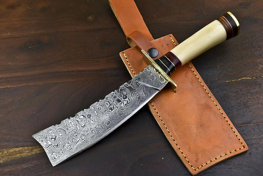 12.5" Handmade Traditional Bowie Knife Damascus Steel Knife With Camel Bone Handle