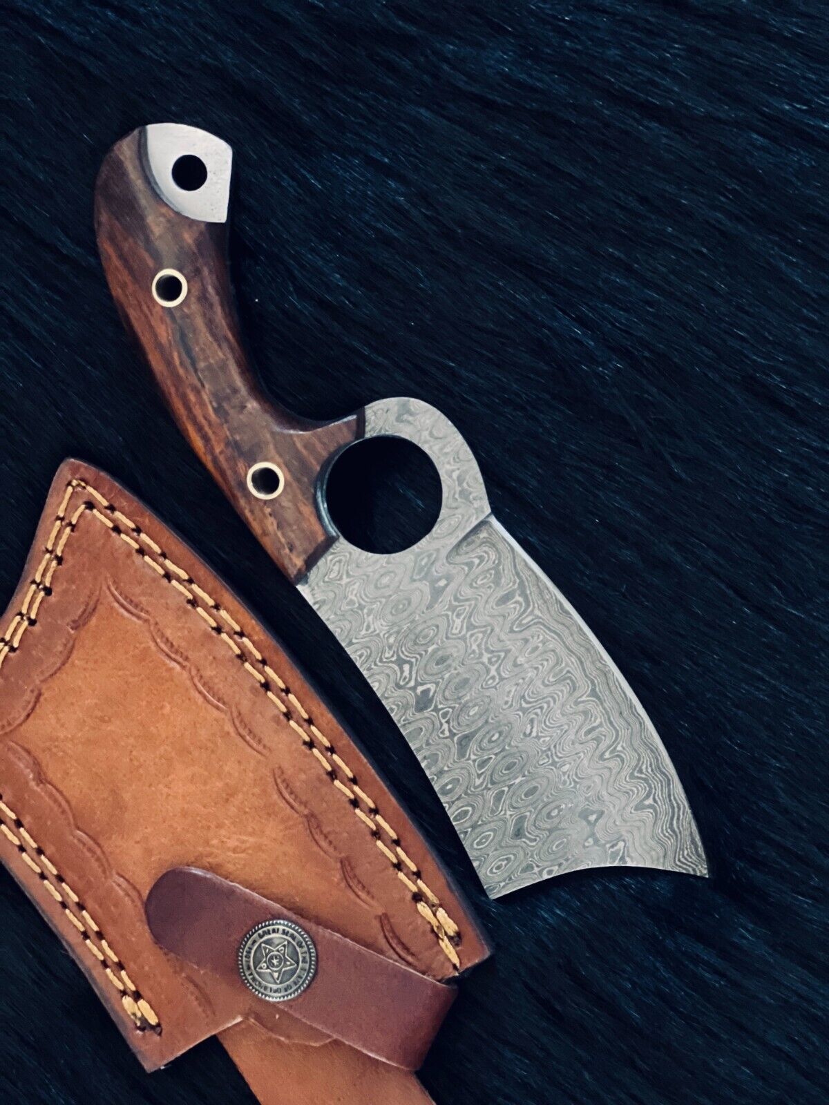 Heritage Forge 7 Inch Custom Damascus Cleaver Knife with Wood Handle
