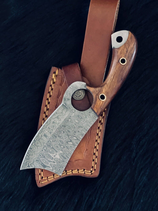 Heritage Forge 7 Inch Custom Damascus Cleaver Knife with Wood Handle