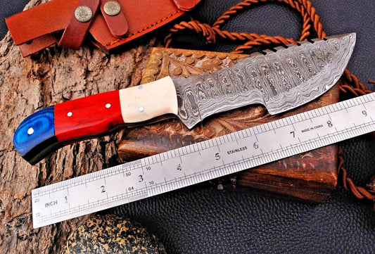 Handmade Forged Damascus Steel Tracker Hunting Knife with Wood & Resin Handle and Leather Sheath – 10.25" Full Tang