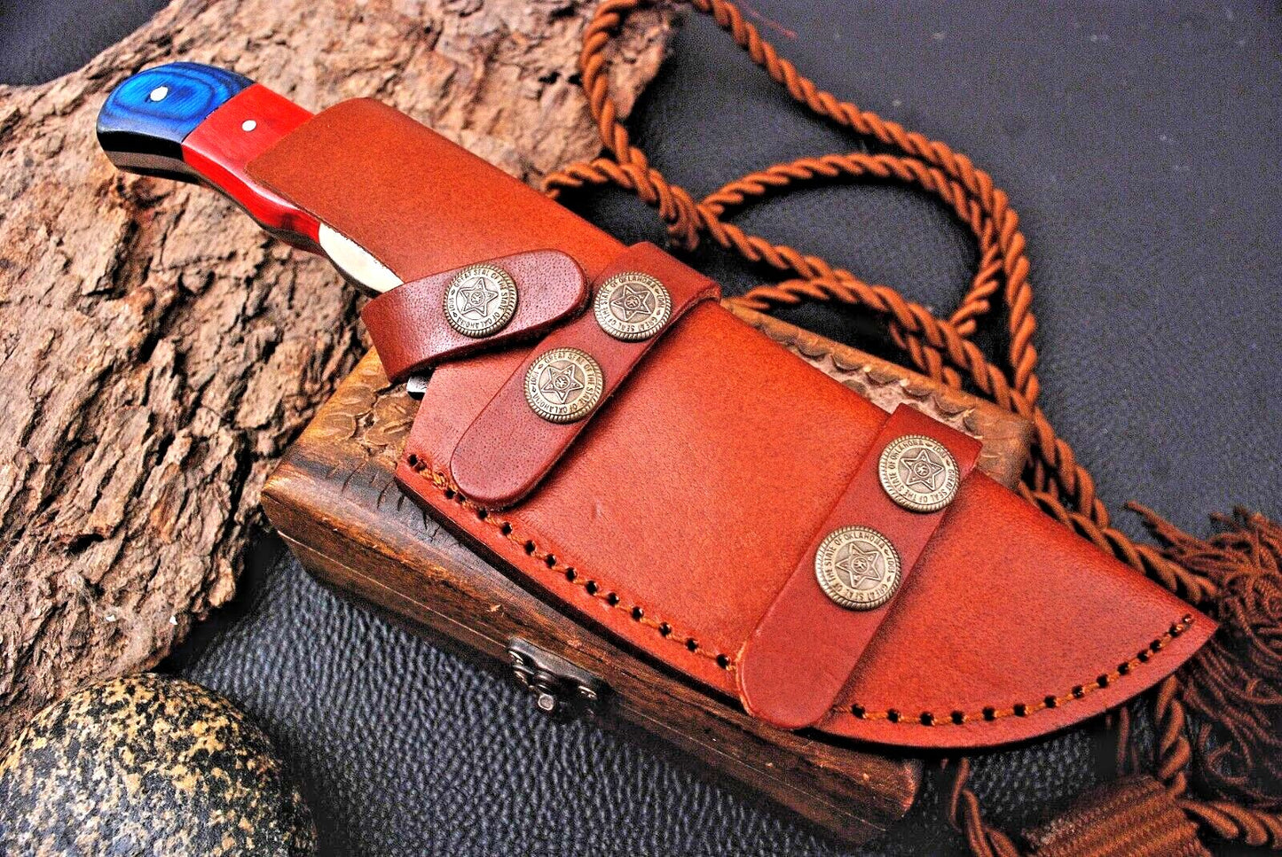 Handmade Forged Damascus Steel Tracker Hunting Knife with Wood & Resin Handle and Leather Sheath – 10.25" Full Tang