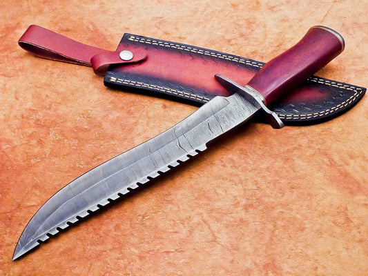 17 Inch Custom Handmade Damascus Hunting Bowie Knife with Rose Wood Handle by Heritage Forge