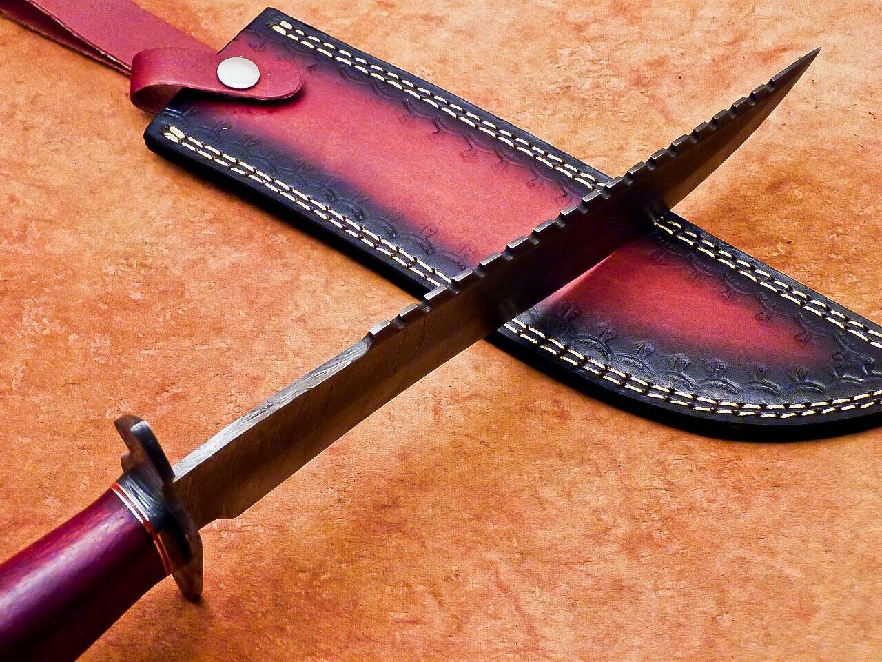 17 Inch Custom Handmade Damascus Hunting Bowie Knife with Rose Wood Handle by Heritage Forge