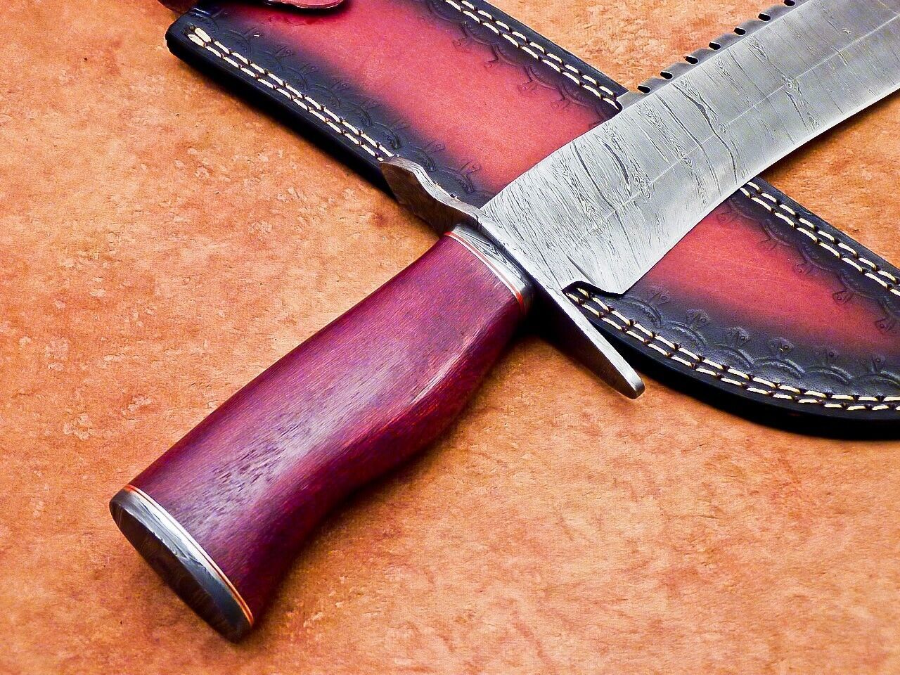 17 Inch Custom Handmade Damascus Hunting Bowie Knife with Rose Wood Handle by Heritage Forge