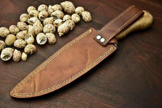 13" Damascus Bowie Knife with Walnut Wood Handle & Leather Sheath