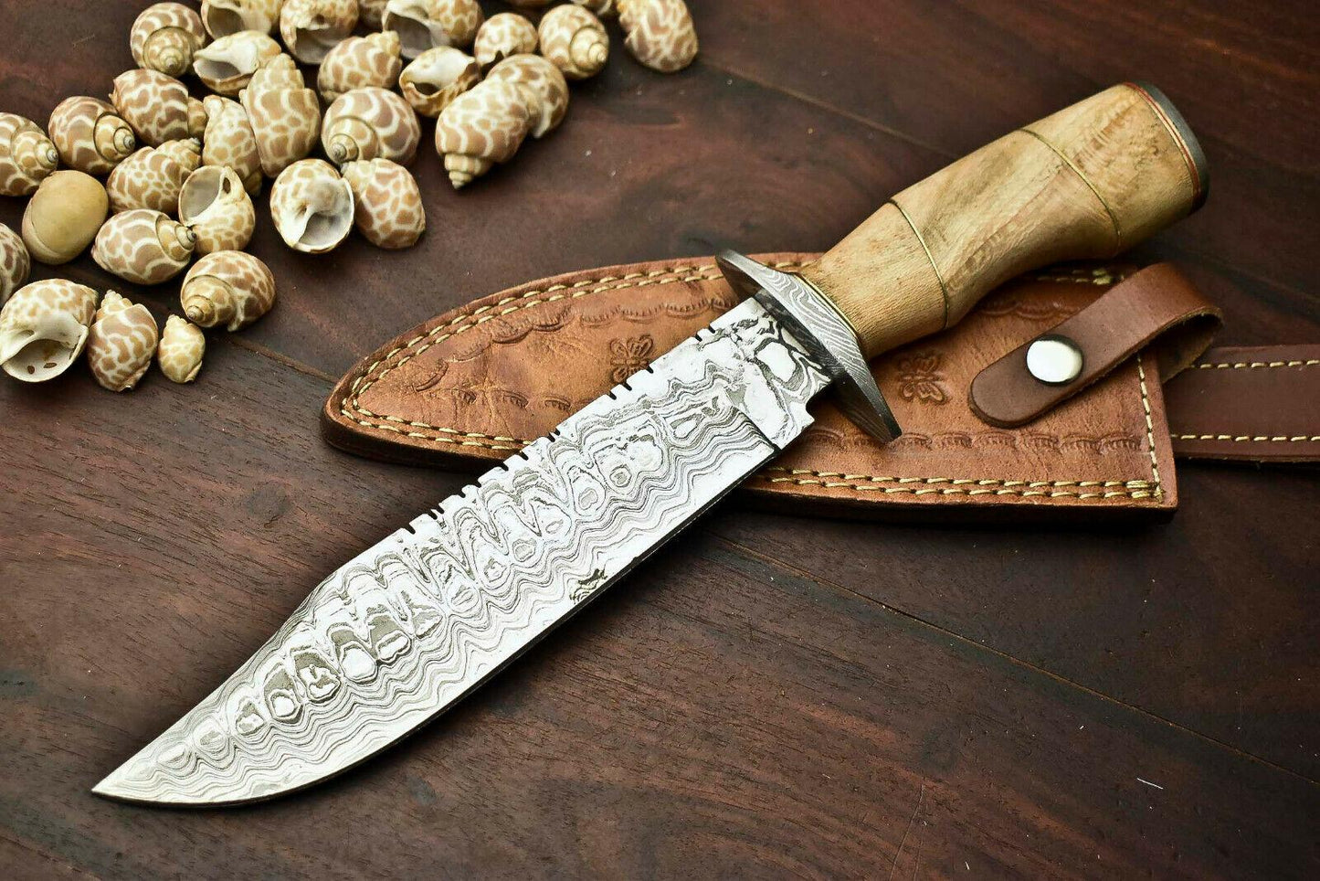 13" Damascus Bowie Knife with Walnut Wood Handle & Leather Sheath