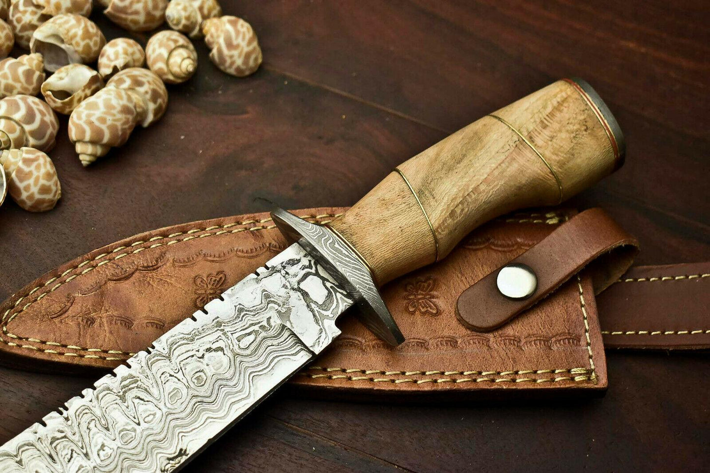 13" Damascus Bowie Knife with Walnut Wood Handle & Leather Sheath