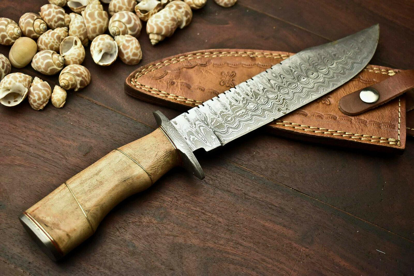 13" Damascus Bowie Knife with Walnut Wood Handle & Leather Sheath