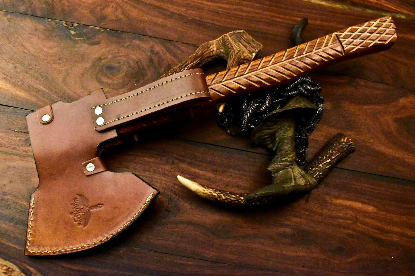 Handmade Damascus Steel Viking Tomahawk Axe with Leather Sheath