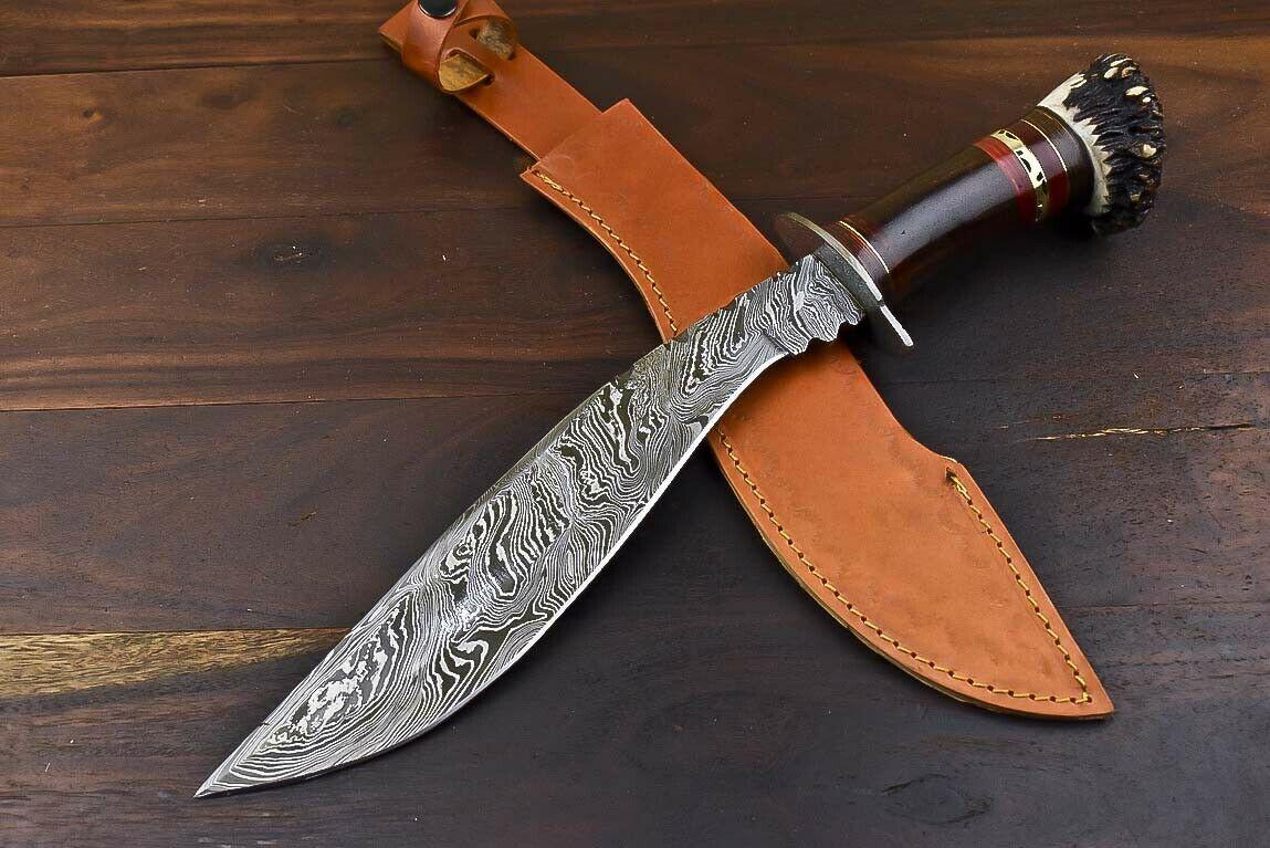 Rare Handmade Damascus Bowie Knife | Crown Antler Handle 16" Throwing & Hunting Blade