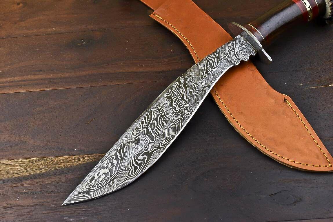Rare Handmade Damascus Bowie Knife | Crown Antler Handle 16" Throwing & Hunting Blade