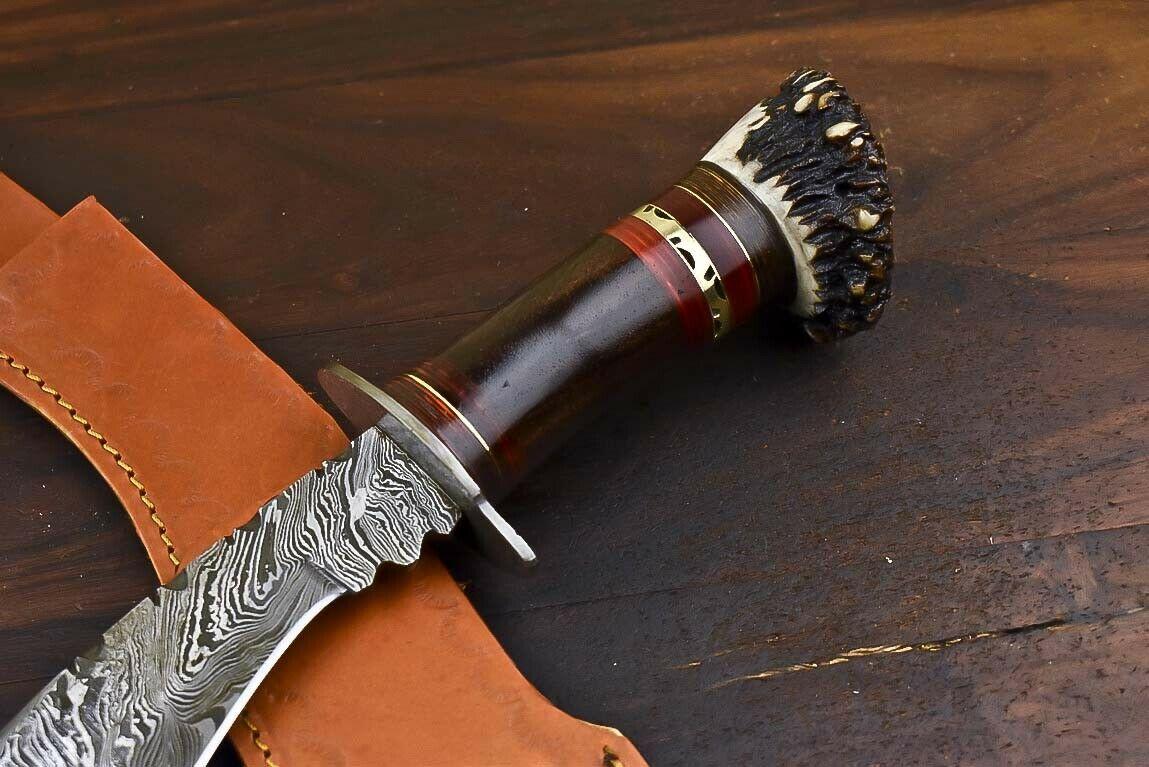Rare Handmade Damascus Bowie Knife | Crown Antler Handle 16" Throwing & Hunting Blade