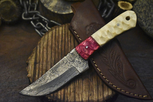 Rain Drop Damascus Skinner Knife with Bone Handle – Custom Handmade Outdoor Blade