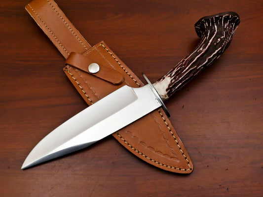 Handmade D2 Steel Fixed Blade Bowie Hunting Knife with Stag Handle