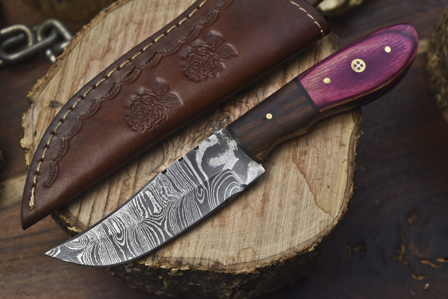 Custom Twist Damascus Skinner Knife with Hardwood Handle and Wooden Bolster – 8 Inch Hunting Knife