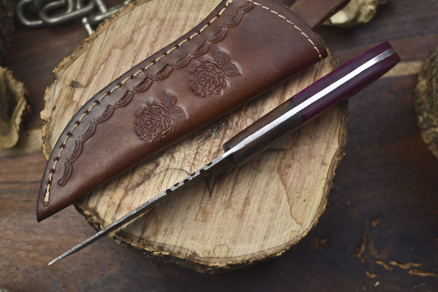 Custom Twist Damascus Skinner Knife with Hardwood Handle and Wooden Bolster – 8 Inch Hunting Knife