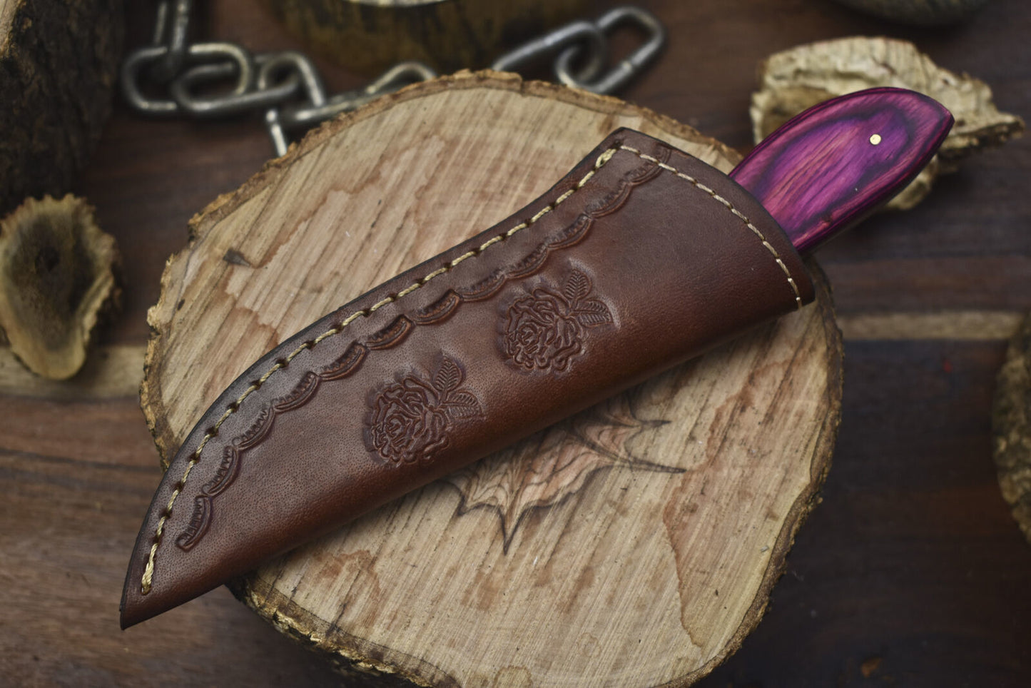 Custom Twist Damascus Skinner Knife with Hardwood Handle and Wooden Bolster – 8 Inch Hunting Knife
