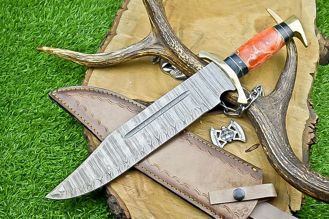 17" Damascus Steel Bowie Knife – Resin Handle & Leather Sheath