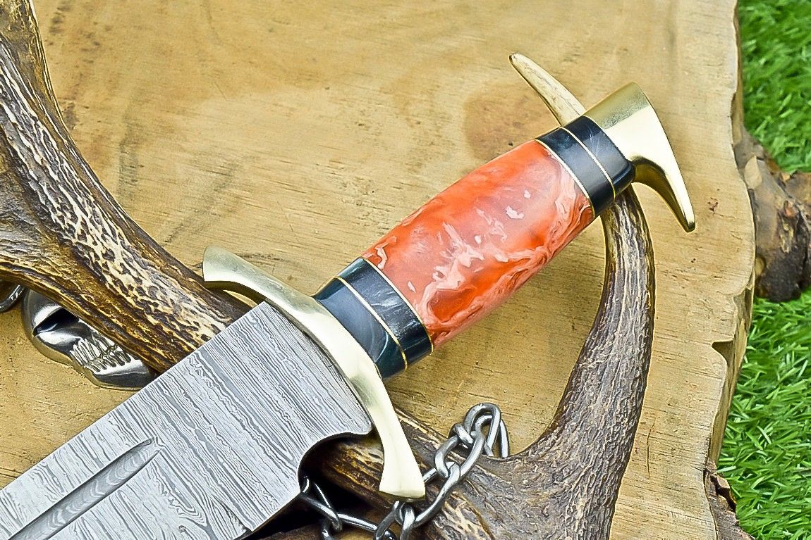 17" Damascus Steel Bowie Knife – Resin Handle & Leather Sheath