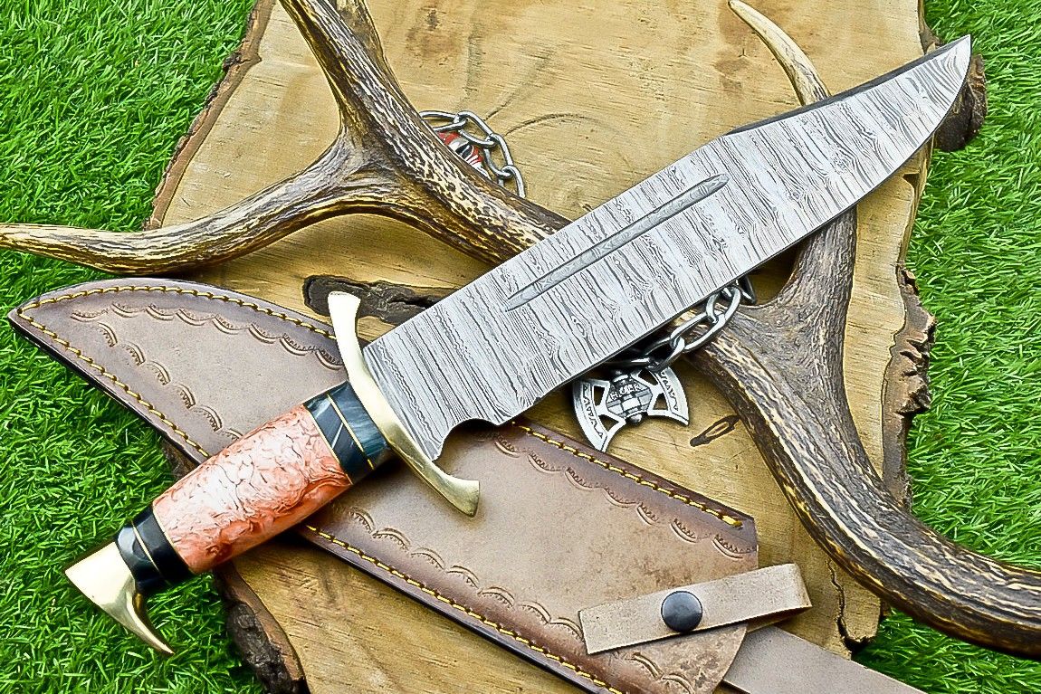 17" Damascus Steel Bowie Knife – Resin Handle & Leather Sheath
