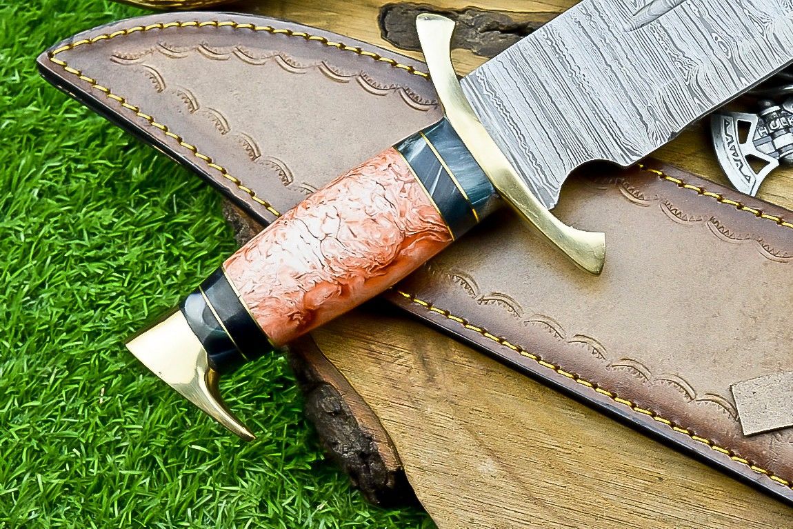 17" Damascus Steel Bowie Knife – Resin Handle & Leather Sheath