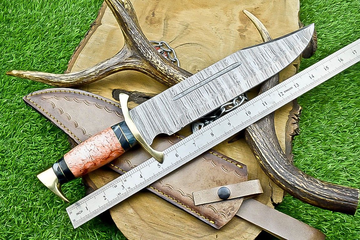 17" Damascus Steel Bowie Knife – Resin Handle & Leather Sheath