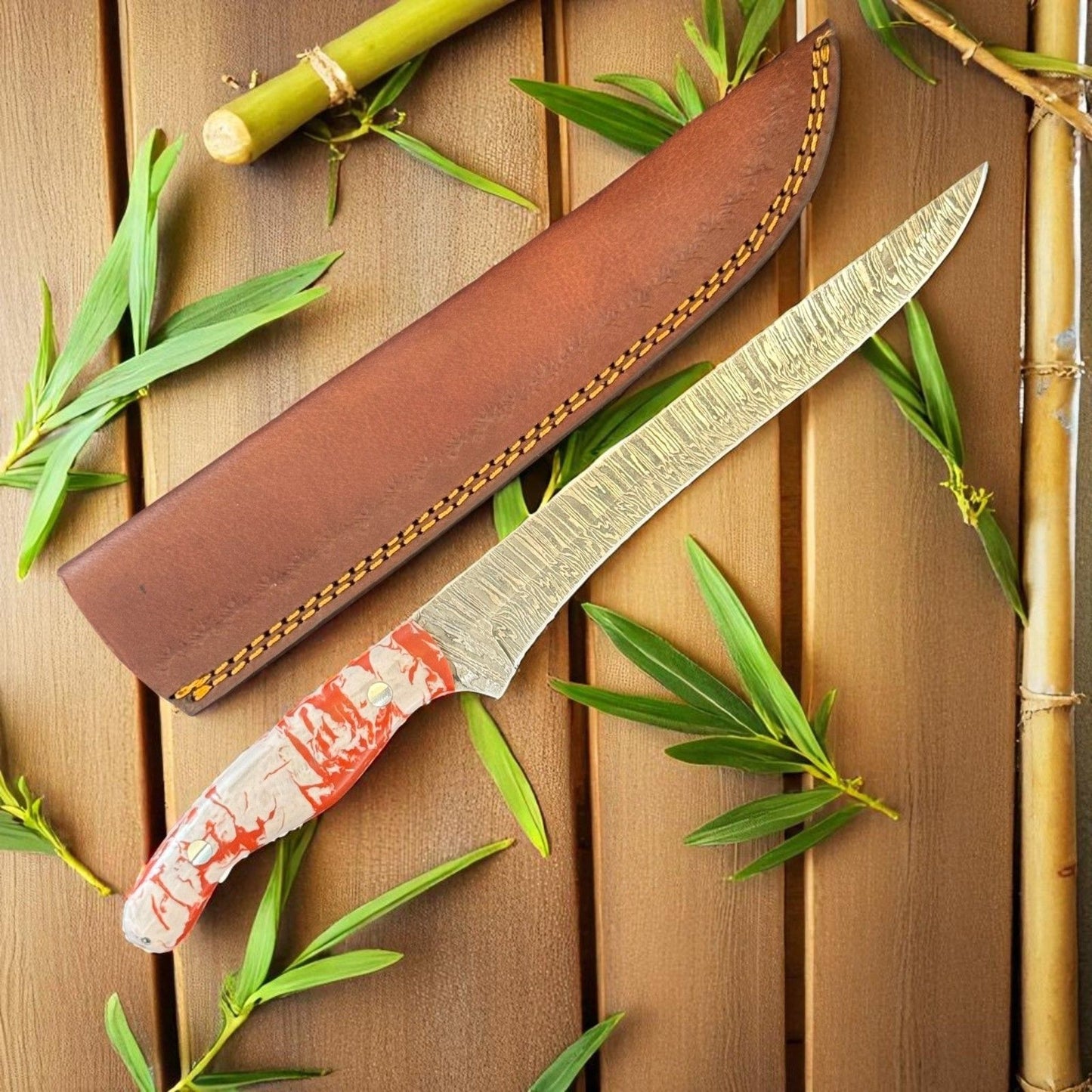 12" Kitchen Steel Knife Damascus Fillet Knife & Handmade Fillet Knife W/Sheath
