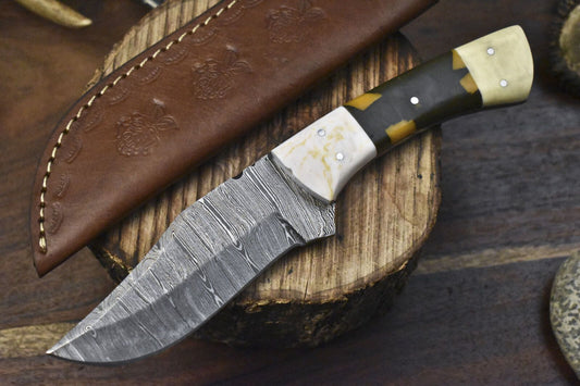 Twist Damascus Forged Skinner Knife Corain Handle with Micarta Bolster for Hunting