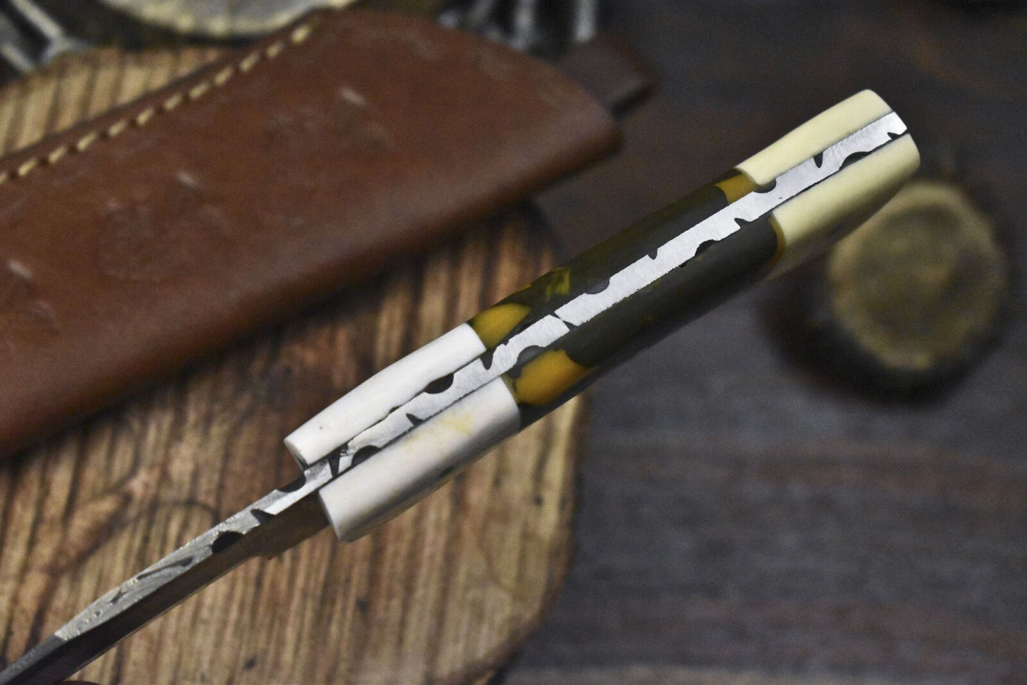 Twist Damascus Forged Skinner Knife Corain Handle with Micarta Bolster for Hunting