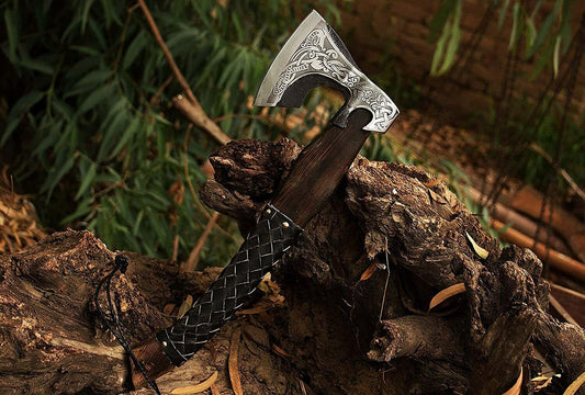 Hand Forged Viking Axe – Carbon Steel Tomahawk Hatchet with Ash Wood Handle and Leather Sheath