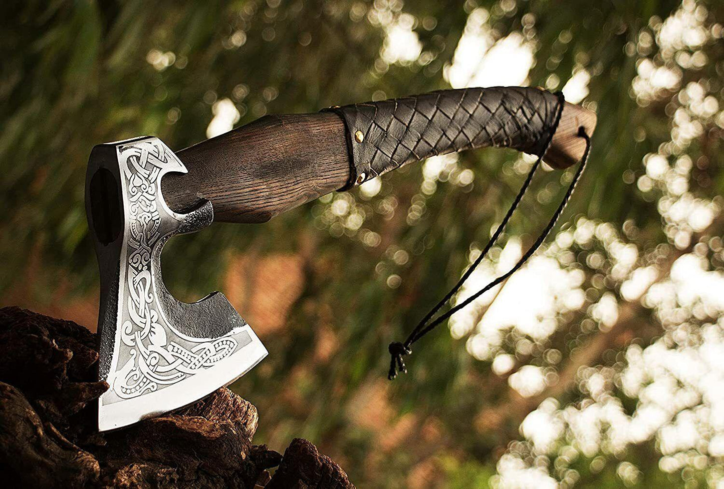 Hand Forged Viking Axe – Carbon Steel Tomahawk Hatchet with Ash Wood Handle and Leather Sheath