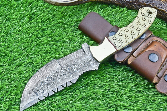10 Inch Damascus Tracker Bowie Knife with Camel Bone Handle and Brass Bolster