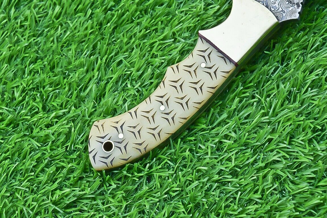 10 Inch Damascus Tracker Bowie Knife with Camel Bone Handle and Brass Bolster