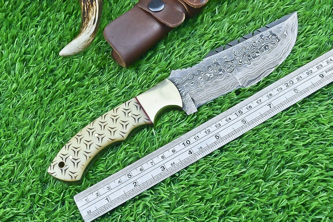 10 Inch Damascus Tracker Bowie Knife with Camel Bone Handle and Brass Bolster