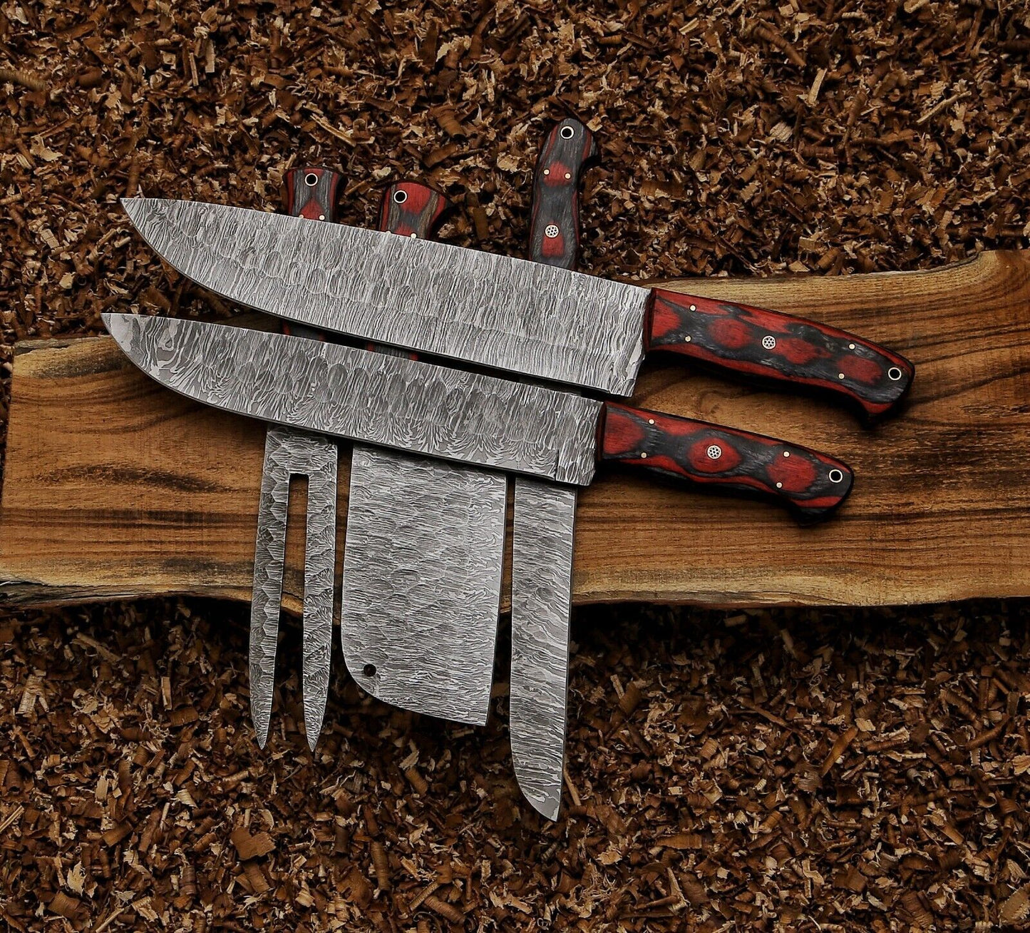 Custom Hand Forged Damascus Steel Kitchen Chef Knife Set – 5PCS Hard Wood Handles with Leather Sheaths