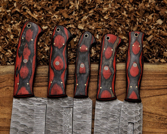 Custom Hand Forged Damascus Steel Kitchen Chef Knife Set – 5PCS Hard Wood Handles with Leather Sheaths