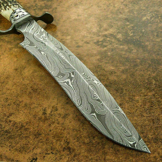 15" Rare Damascus Steel Sasquatch Bowie Hunting Knife | Stag Antler Handle