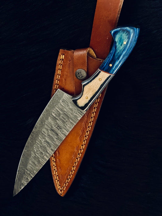 5 PCS Custom Handmade Damascus Steel Chef Knife Set with Wood Handles & Leather Sheath