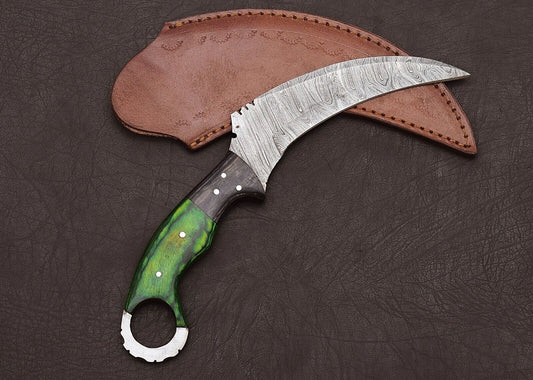 Best Karambit Knife Full Tang Damascus Karambit Knife With Wood Handle & Leather Sheath