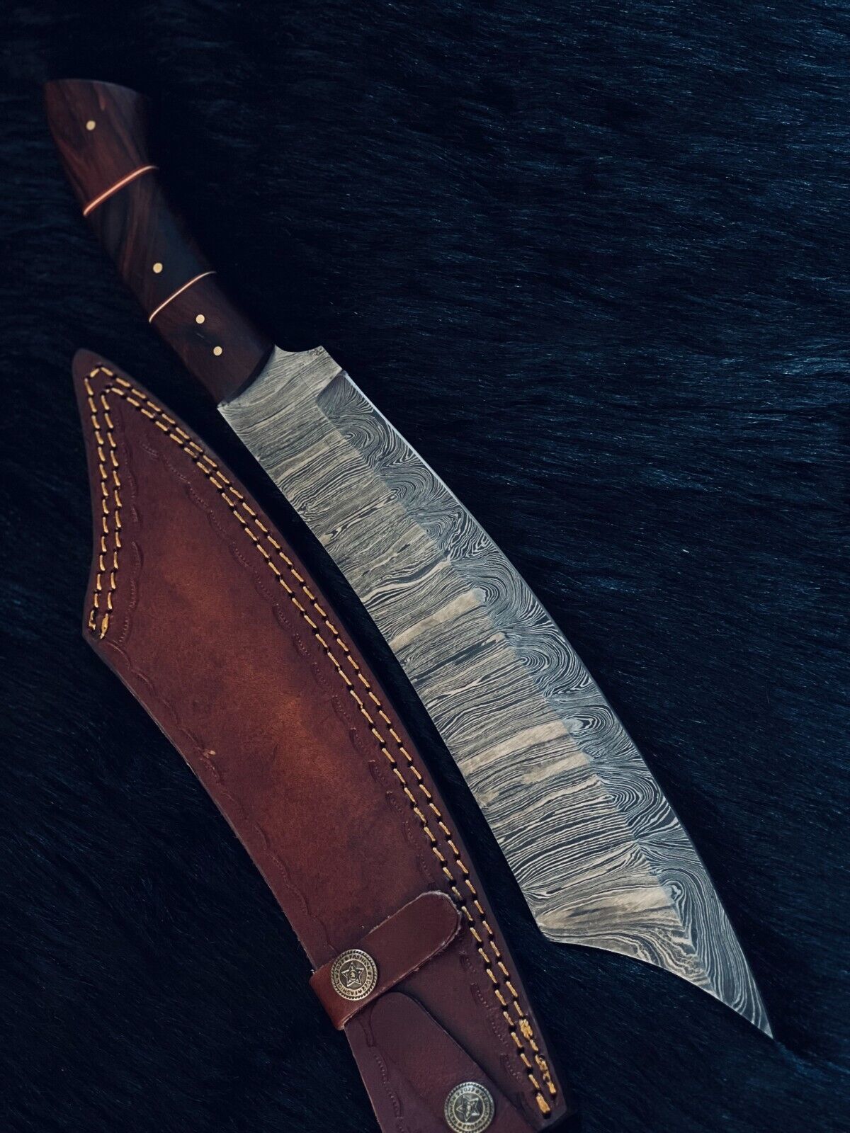 Heritage Forge 15.5 Inch Twist Damascus Steel Machete Knife with Camel Bone and Wood Handle