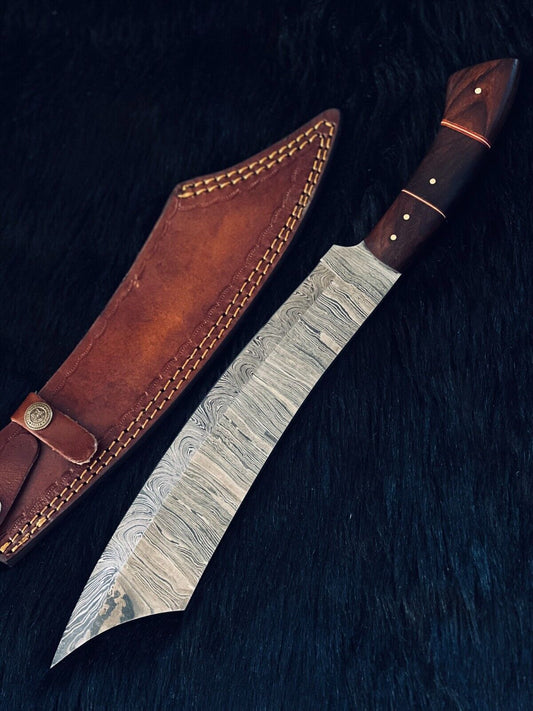 Heritage Forge 15.5 Inch Twist Damascus Steel Machete Knife with Camel Bone and Wood Handle