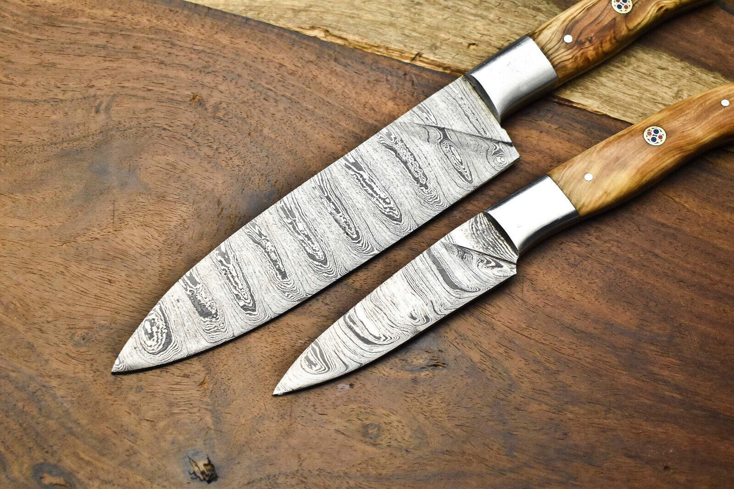 Set of 2 Handmade Damascus Steel Chef Knives – Full Tang Kitchen Blades