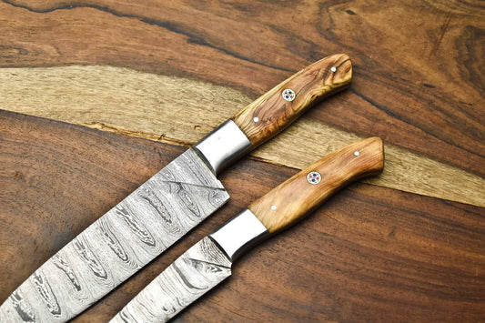 Set of 2 Handmade Damascus Steel Chef Knives – Full Tang Kitchen Blades