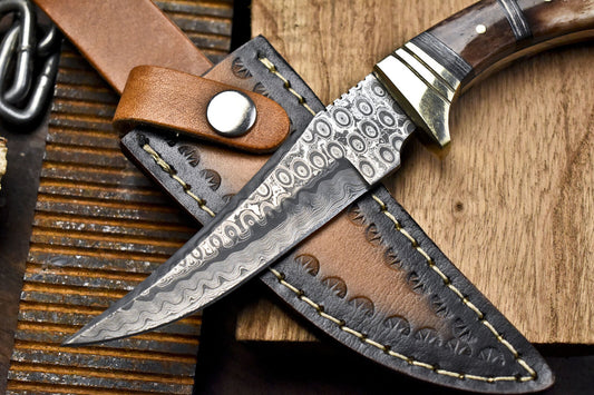Forged Rain Drop Damascus Skinner Knife – Bone Handle with Brass Guard and Leather Sheath
