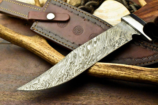 Damascus Bowie Knife – Walnut Wood Handle, 12" Hunting Knife with Leather Sheath