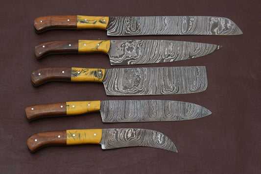 Handmade Damascus Steel Chef Knife Set with Pakka Wood Handles – Custom Kitchen Knives