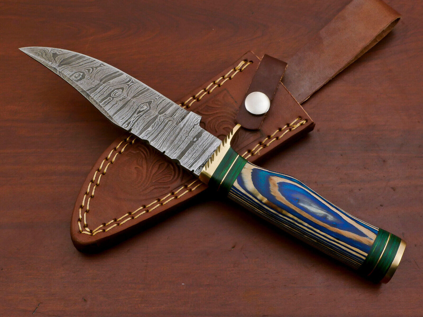 10" Handmade Damascus Steel Bowie Knife with Pakka Wood Handle & Brass Guard