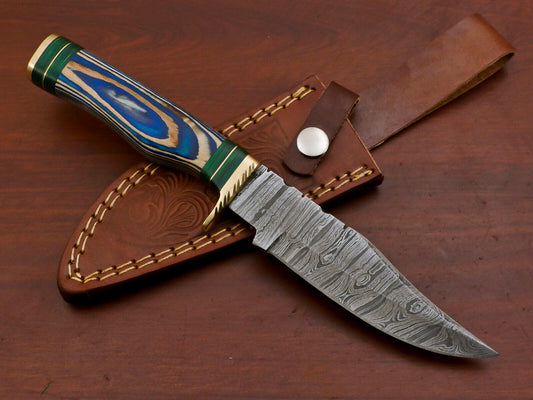 10" Handmade Damascus Steel Bowie Knife with Pakka Wood Handle & Brass Guard