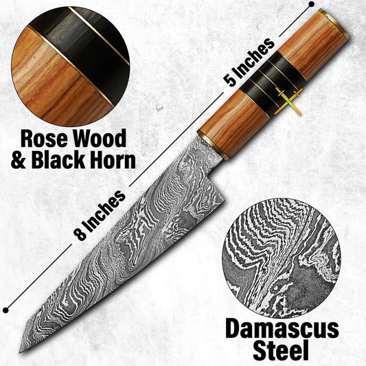 Handmade Damascus Steel Chef Knife | Rosewood & Buffalo Horn Handle | Kitchen Gift with Sheath