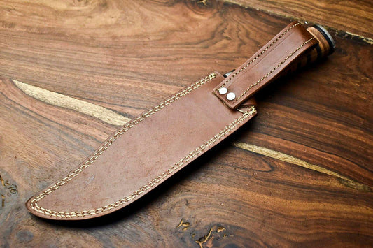 15" Handmade Damascus Steel Bowie Knife – Stacked Leather Handle & Cowhide Sheath
